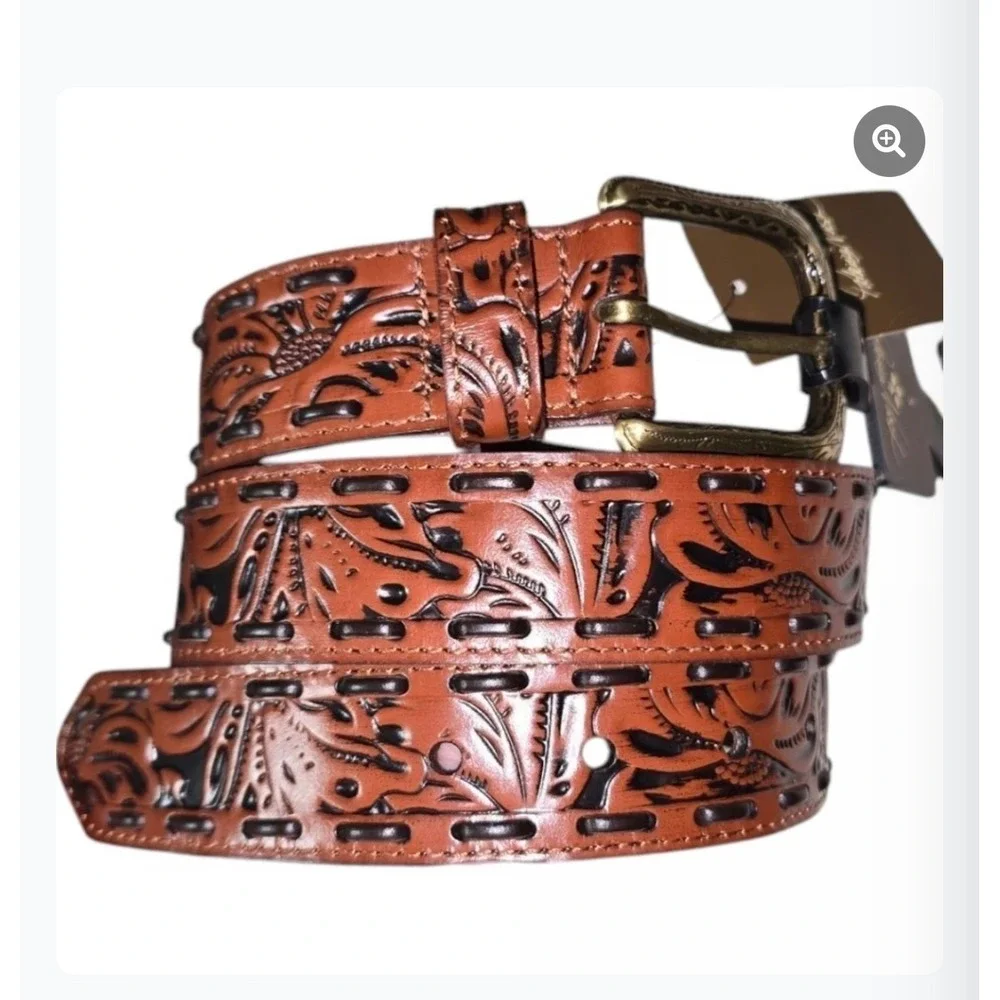Patricia Nash Amelia Western Tooled Leather Belt Rich‎ Brown Size L NEW MSRP $79